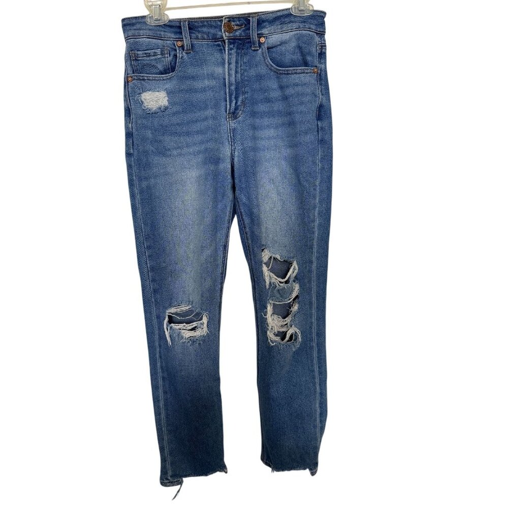 Ofluck Womens Size 4 Distressed Jeans Raw Hem Stretch Blue Denim Mid Rise Hippie